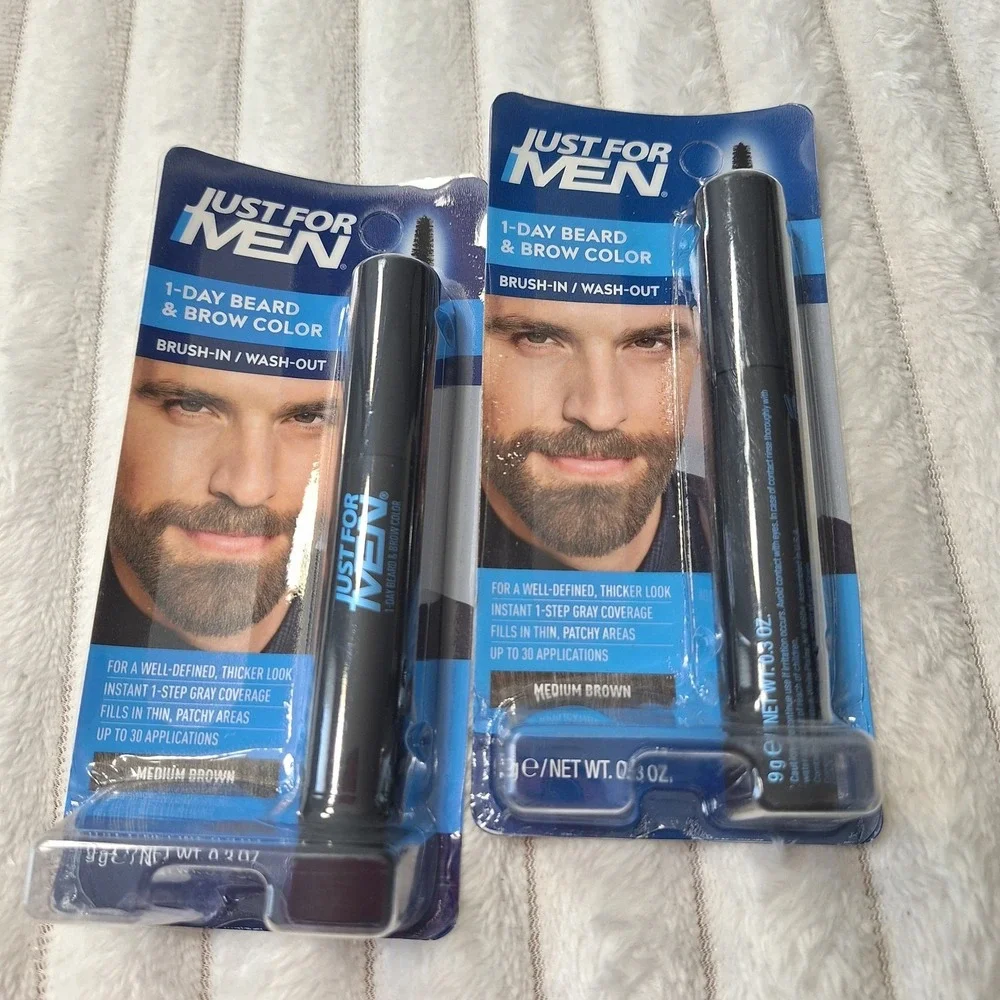 2 Pk JUST FOR MEN 1-Day BEARD  BROW Temporary COLOR for Beard Eyebrows MED BROWN